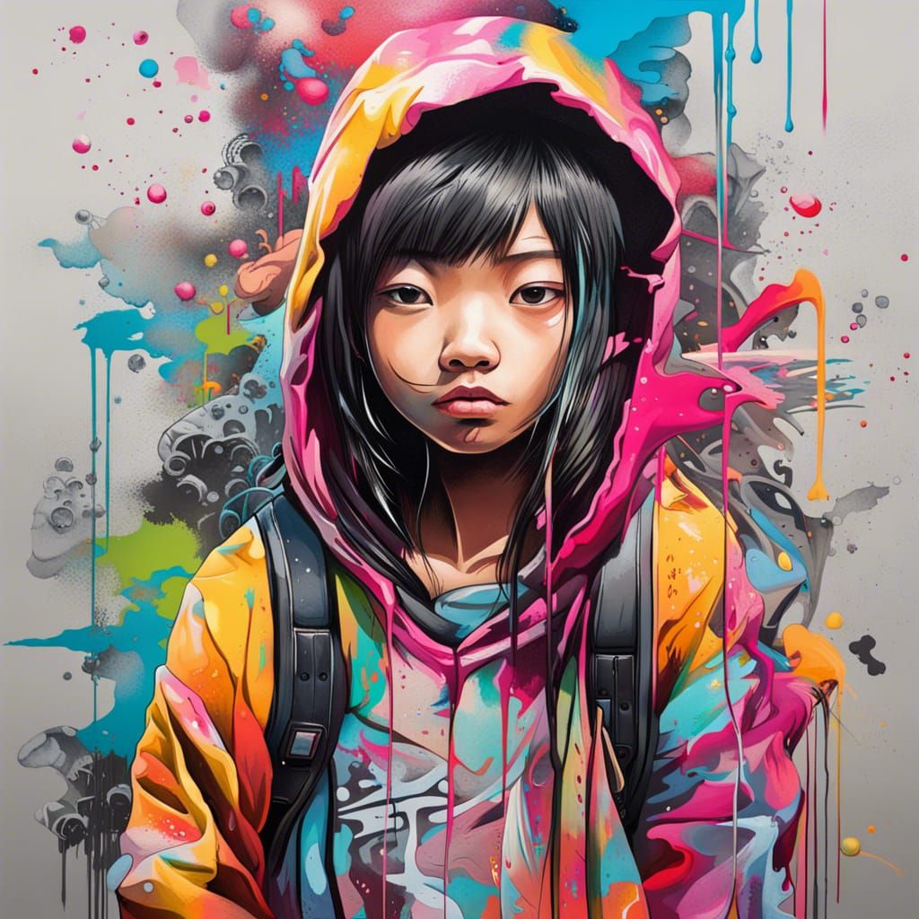 Asian Teenager in Graffiti Street Art Style