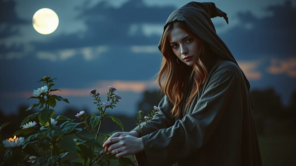 Gentle Sorceress Tends Magical Garden in Twilight