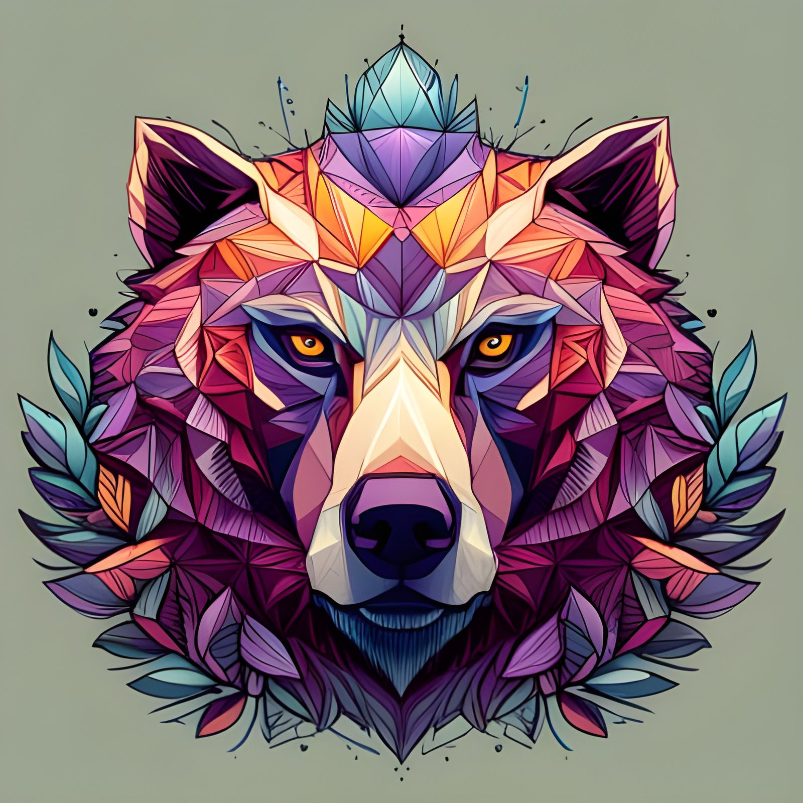 Purple Grizzly Bear Portrait with Bronze Outlines