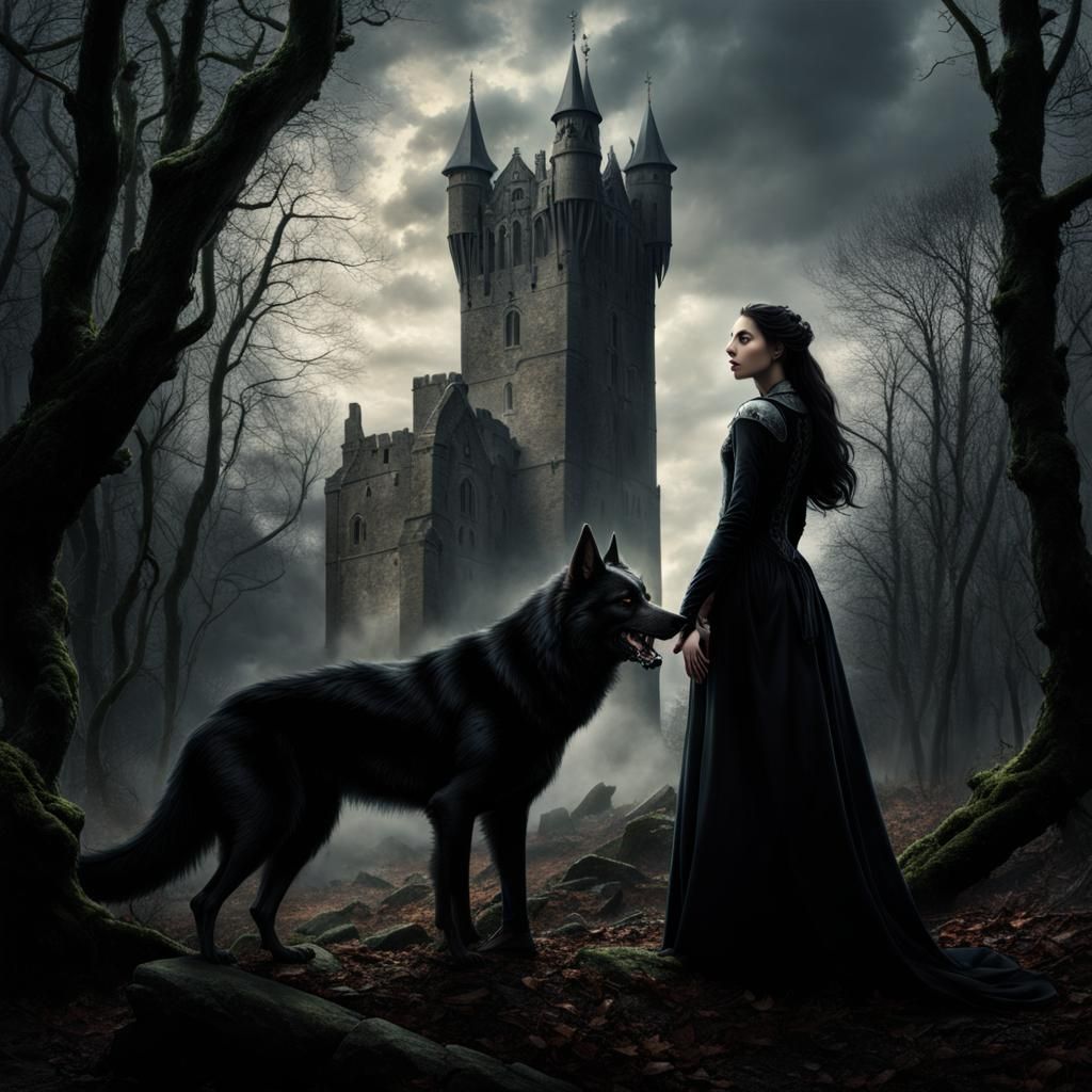 Medieval Tower, Woman, and Werewolf in Digital Art