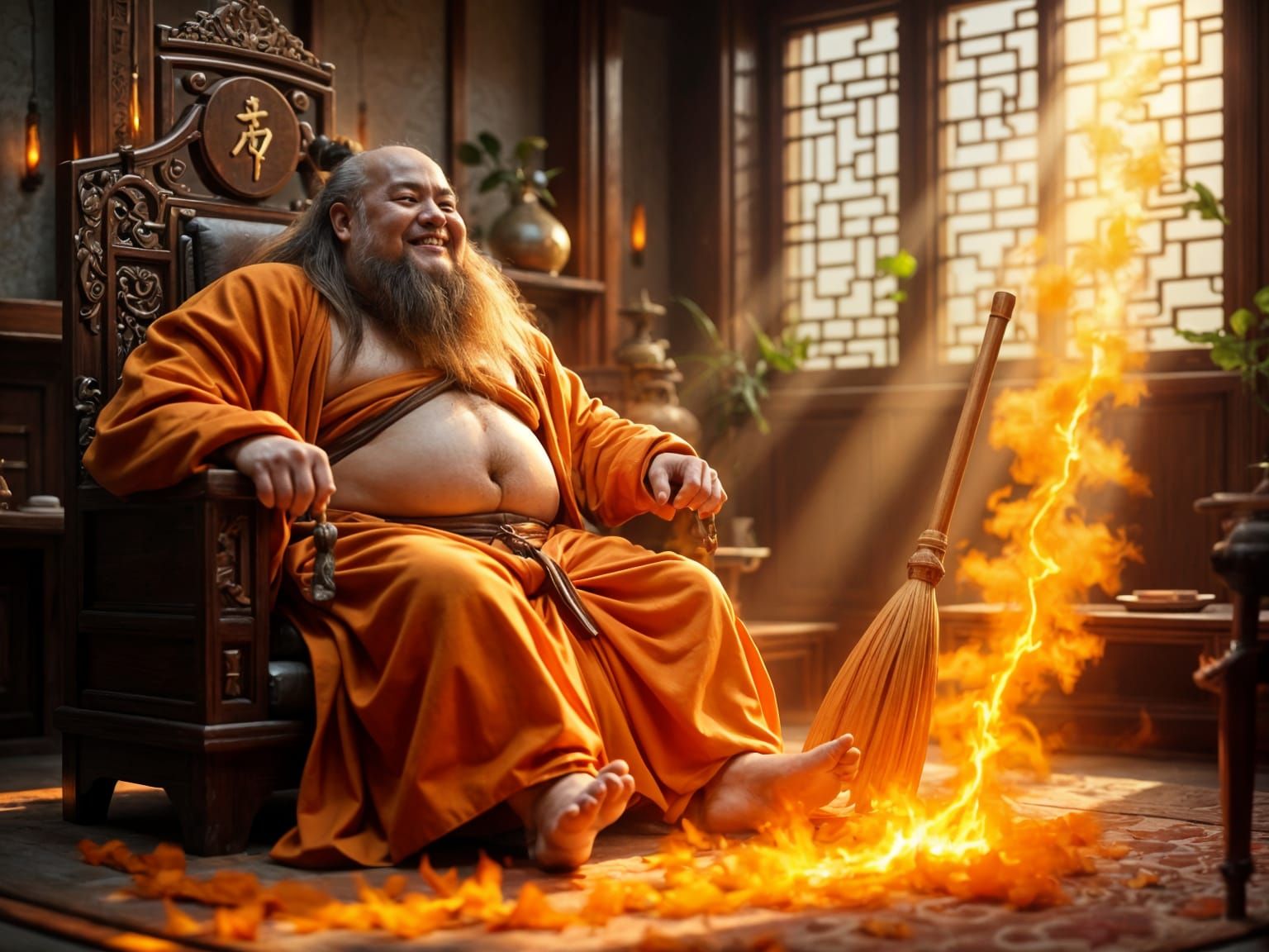 Fat Taoist Immortal Chung Li Chuan Drinks Wine While Broom S...