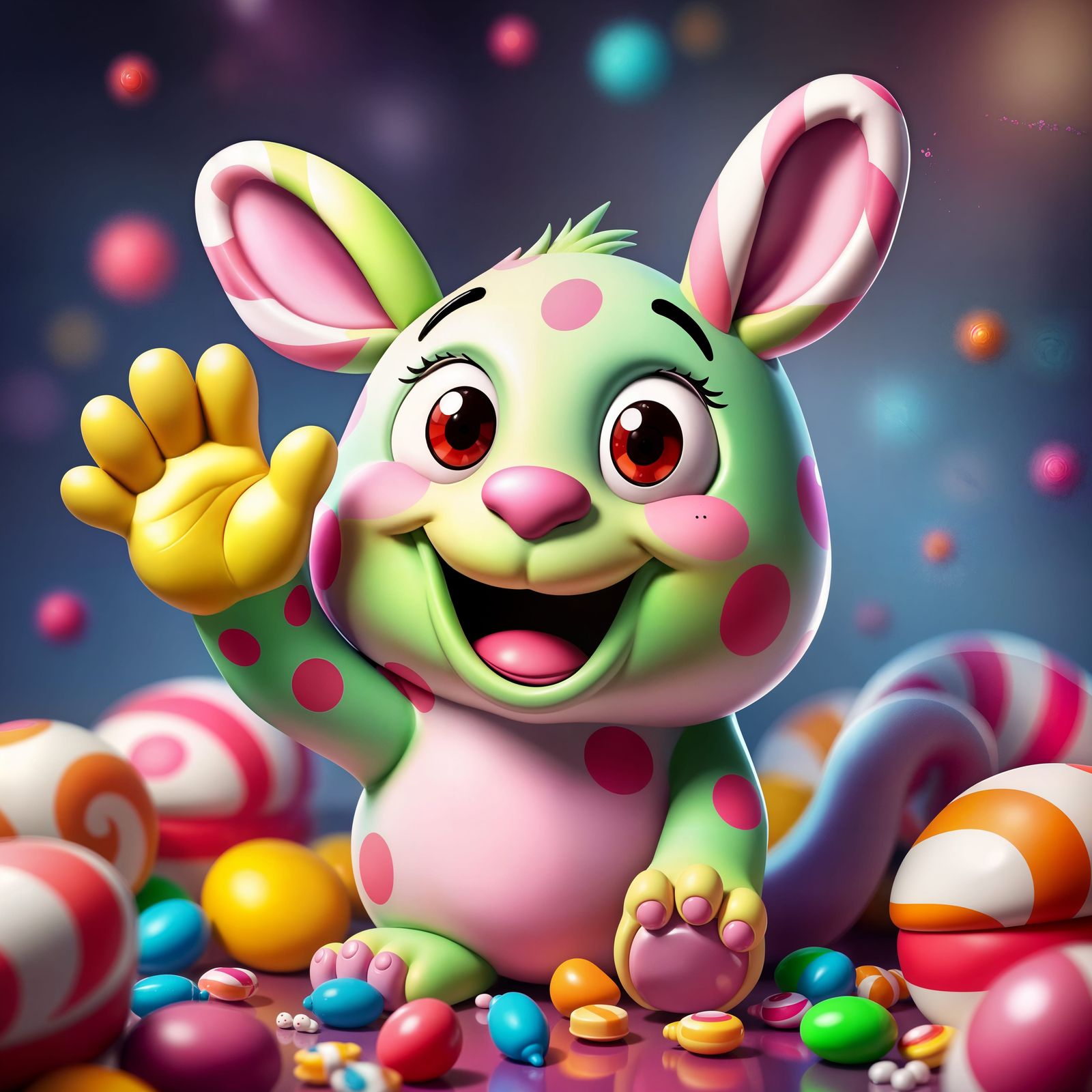 A Whimsical Candyland Creature Waves in Hyperrealistic Style