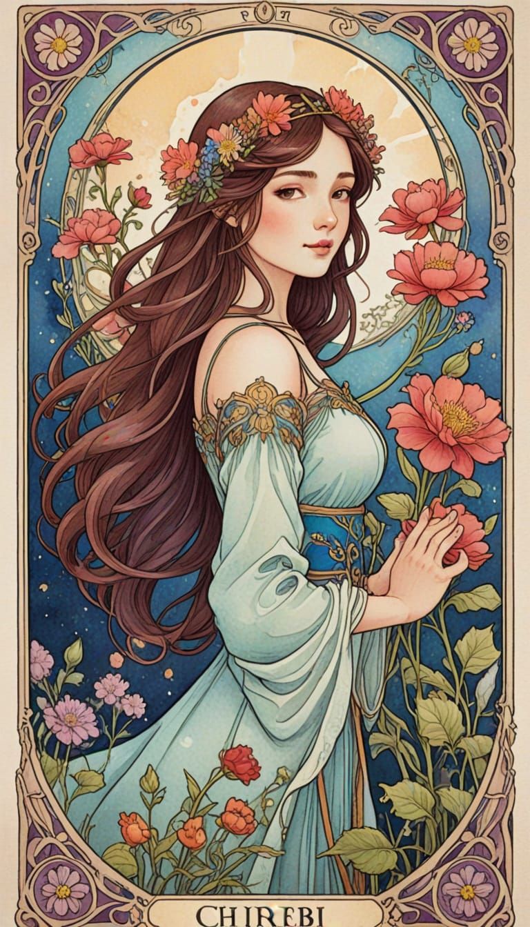Whimsical Art Nouveau Tarot Card in Vibrant Watercolour