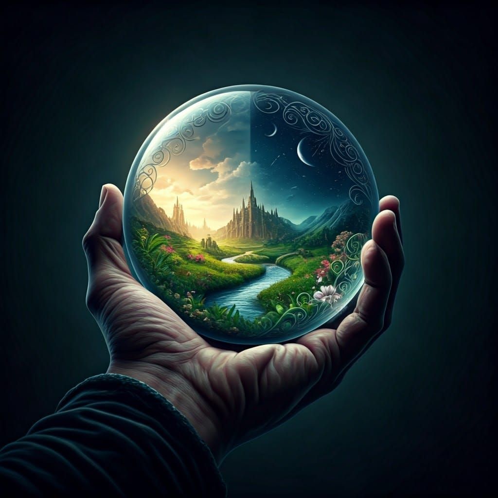 Fantasy Hand Holding Orb with Contrasting Worlds