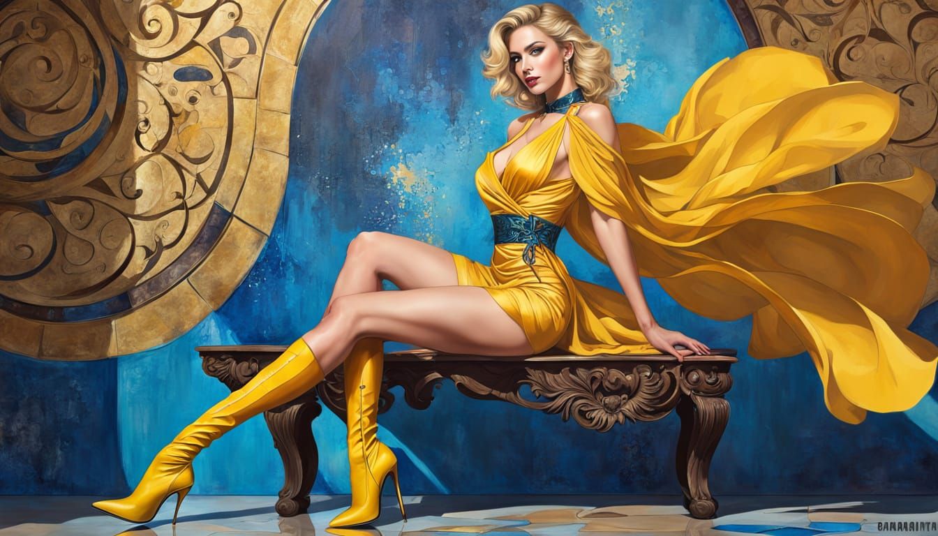 Sultry Blonde Muse in Elegant Yellow Gown