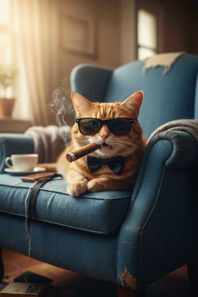 Ginger Cat in Sunglasses Lounges on Armchair