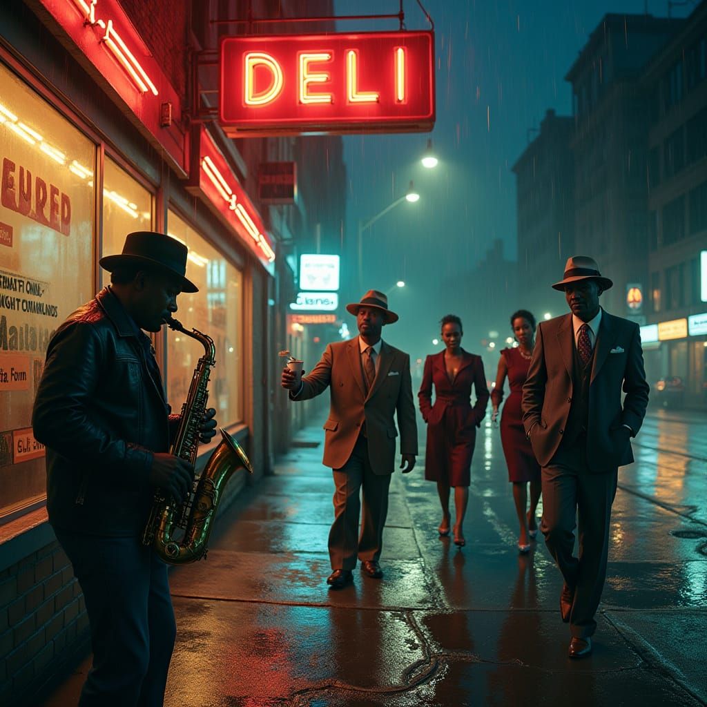 Saxophonist Under Neon Deli Sign in Rainy 1970s Harlem