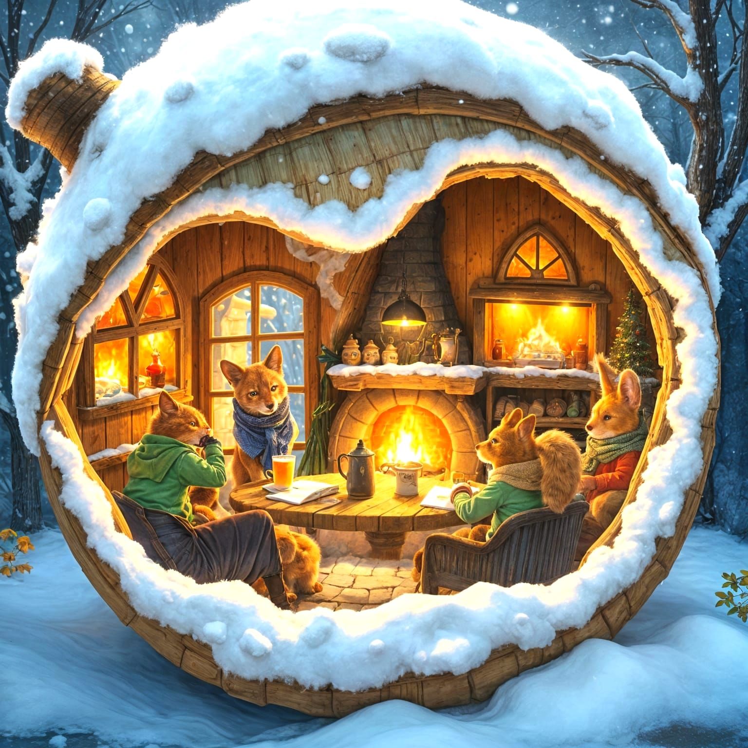 Cozy Acorn Cafe in Winter, Fantasy Illustration