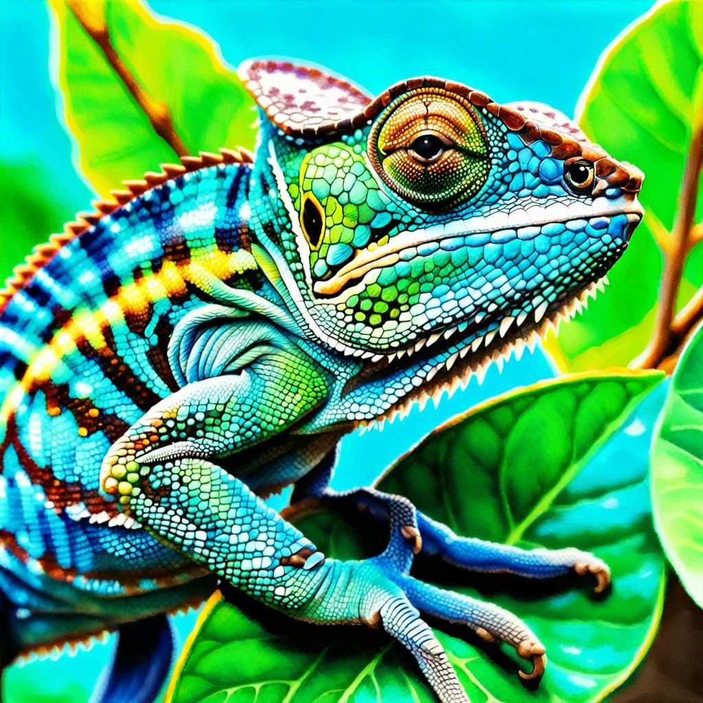 Chameleon Portrait in Vibrant Colored Pencil Style