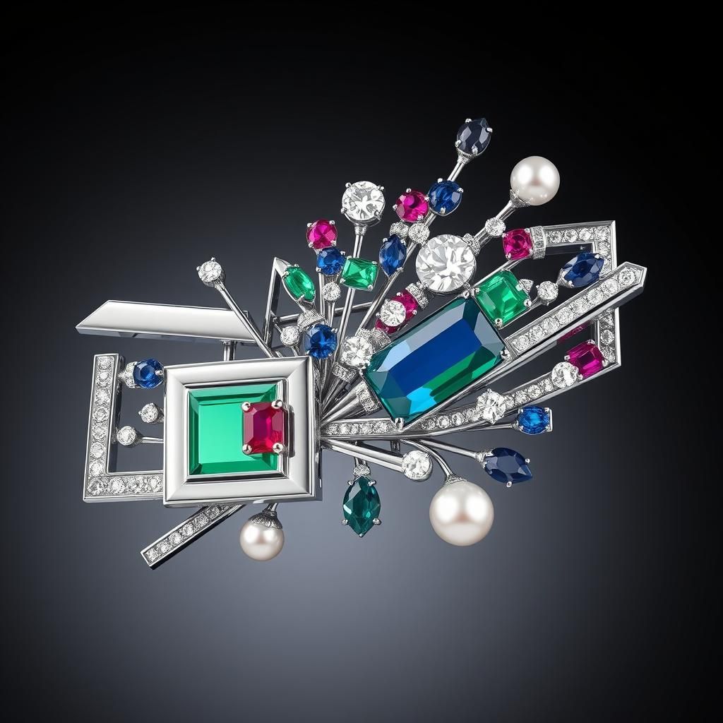 Art Deco Platinum Brooch with Precious Gems