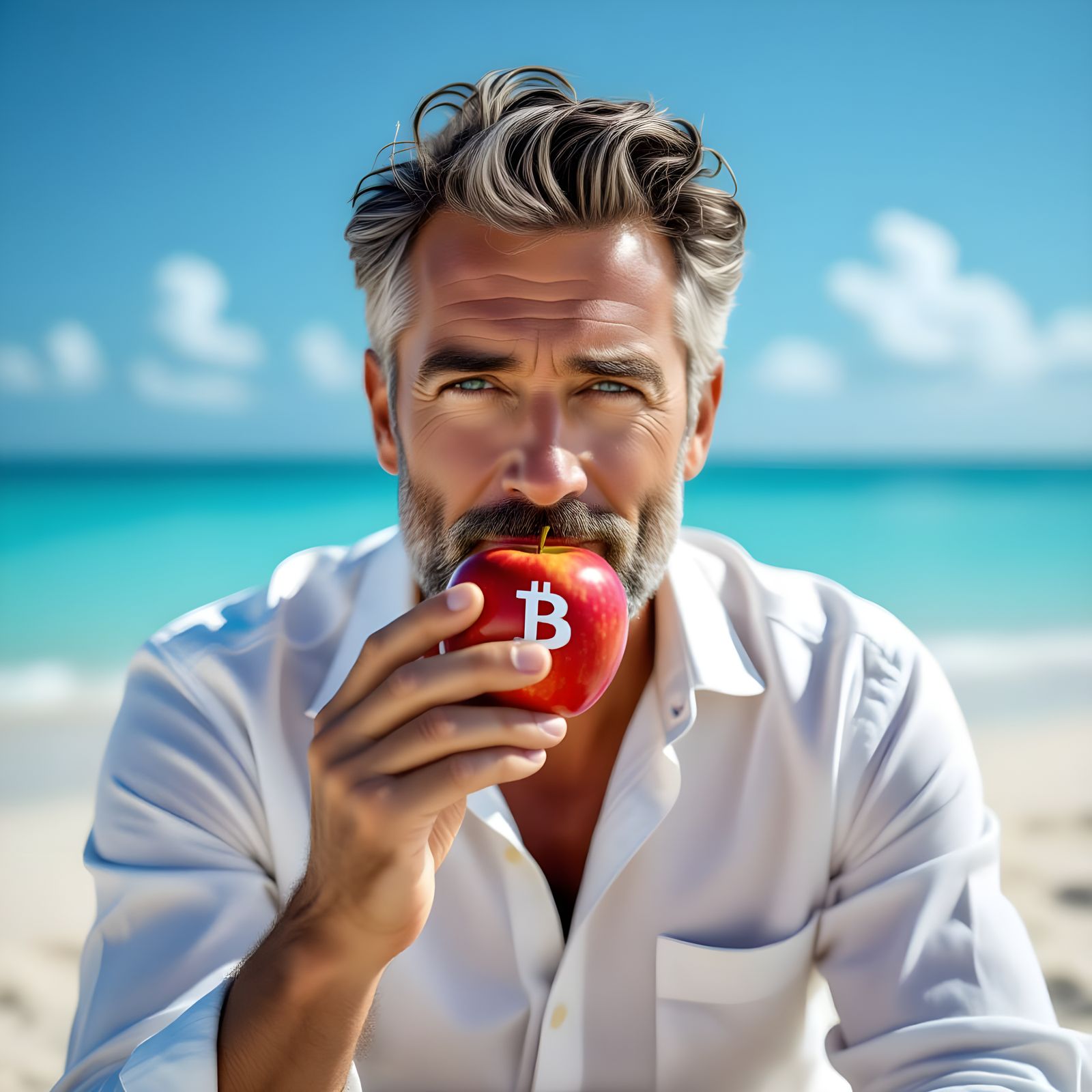 Man on Beach Eating Bitcoin Apple: Hyperrealistic Splash Art