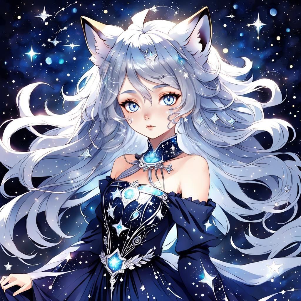 Anime Fox Girl with Starry Night Hair Portrait