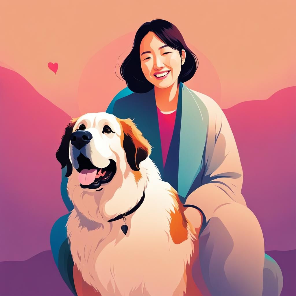 Minimalist Portrait: Woman and Saint Bernard in Cel Shading