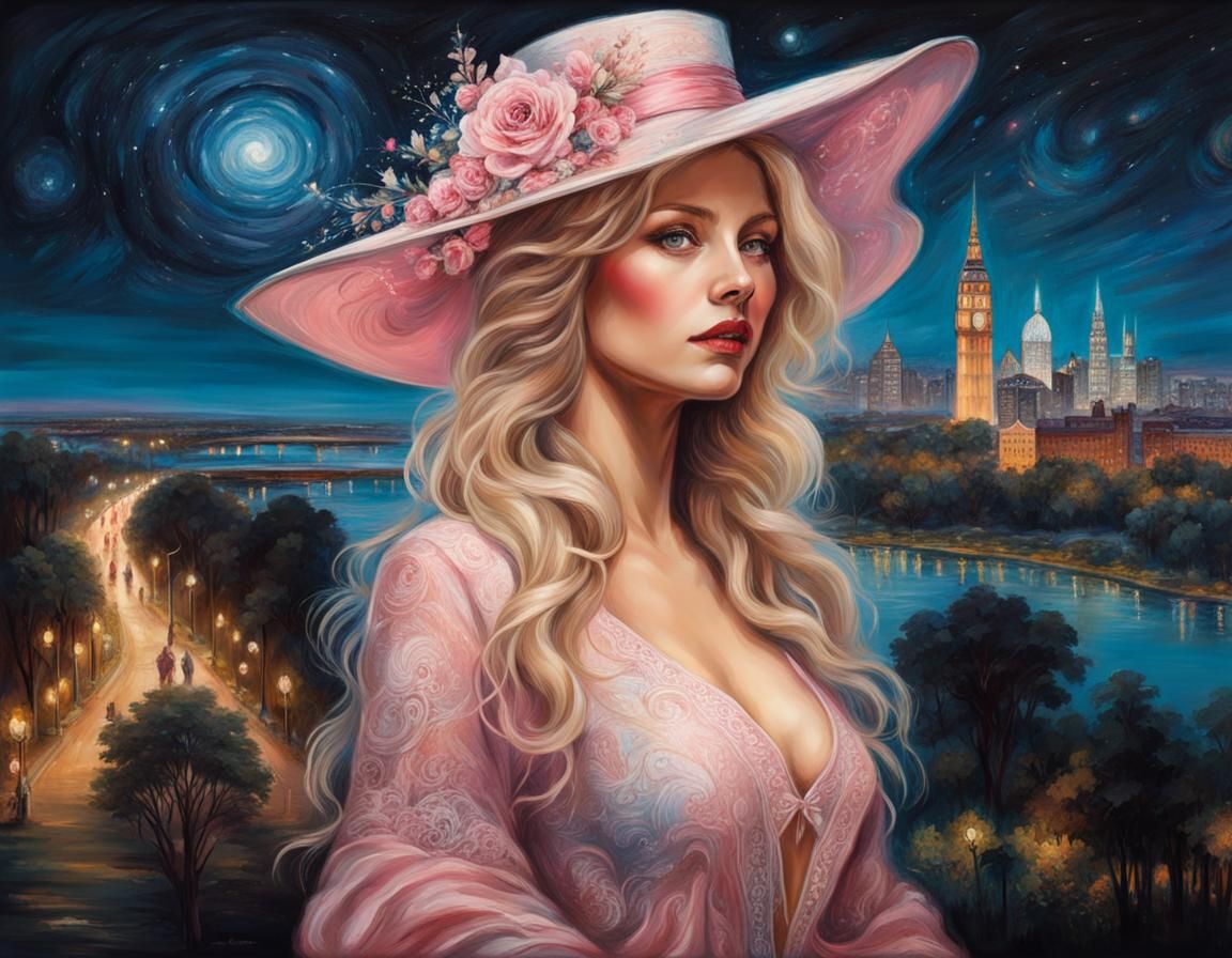 Chalk Art Blonde in Park with City View