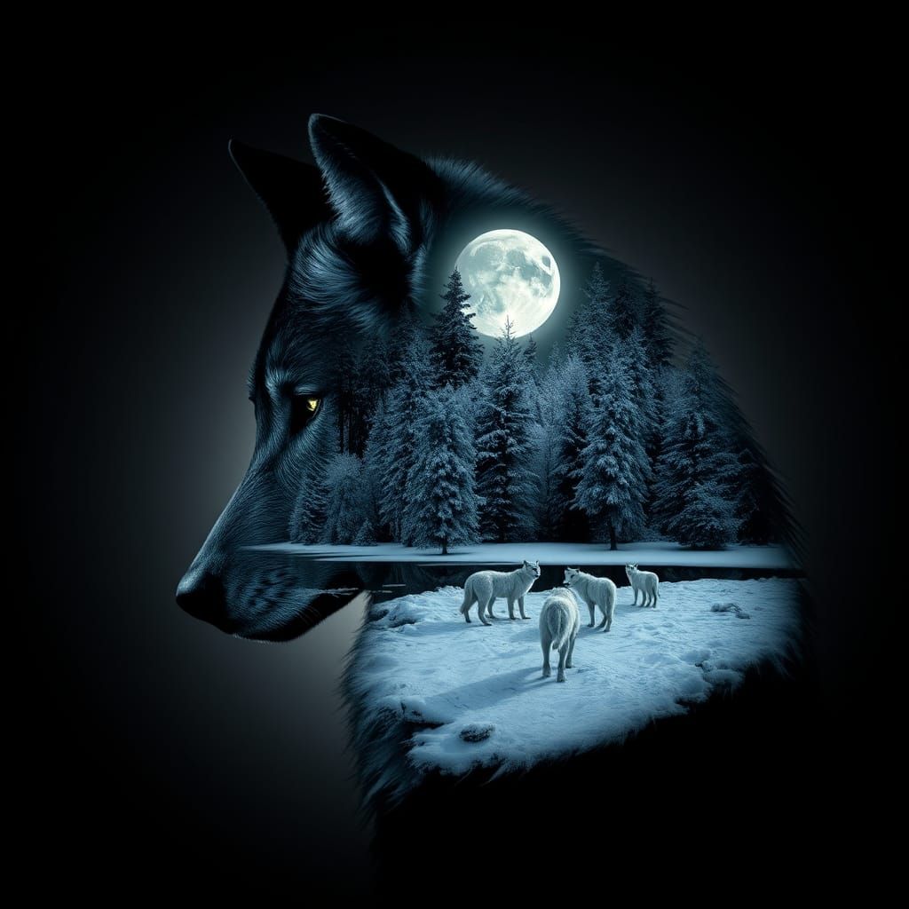 Wolf Silhouette with Winter Landscape Double Exposure