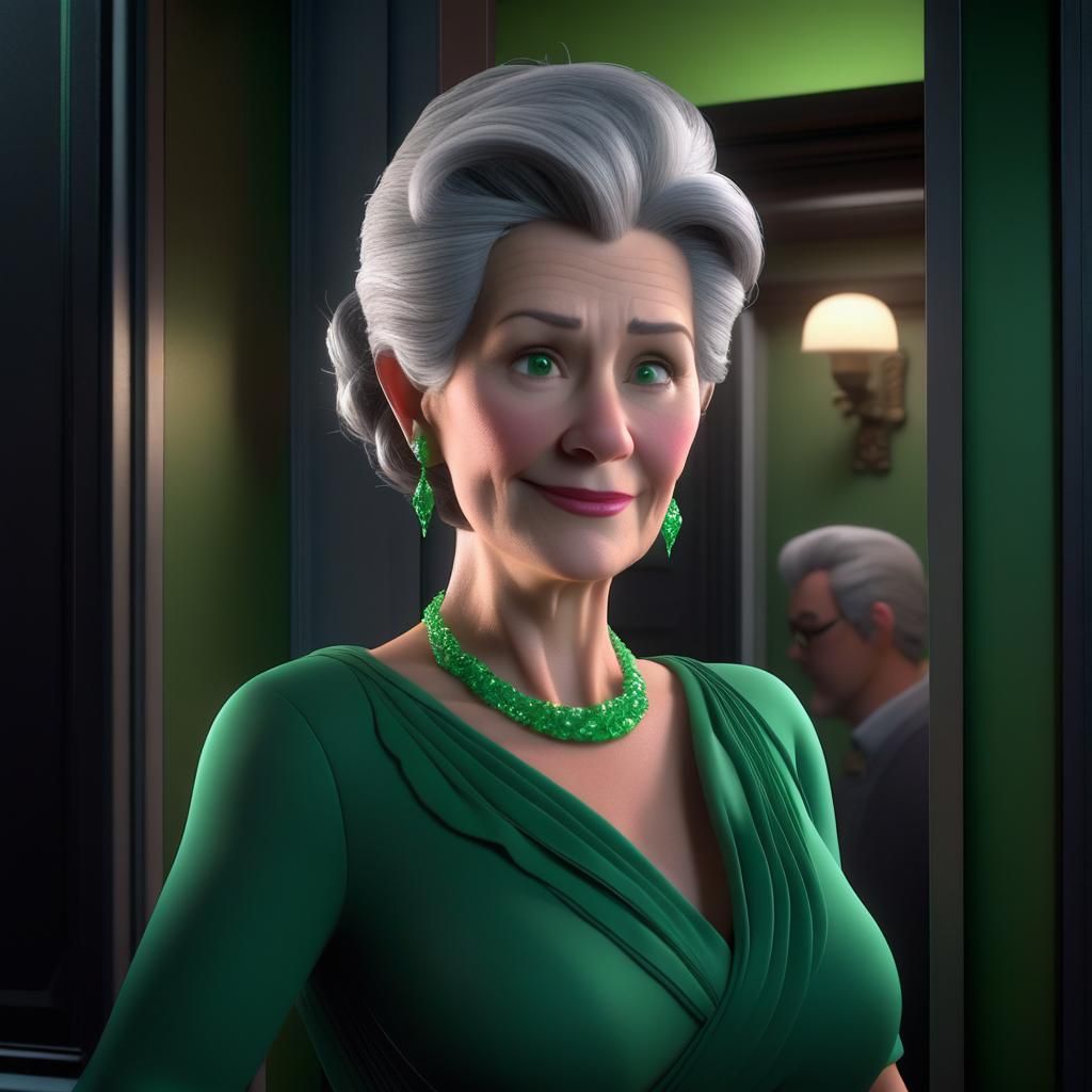 Elegant Woman in Green Gown: Disney Pixar Style