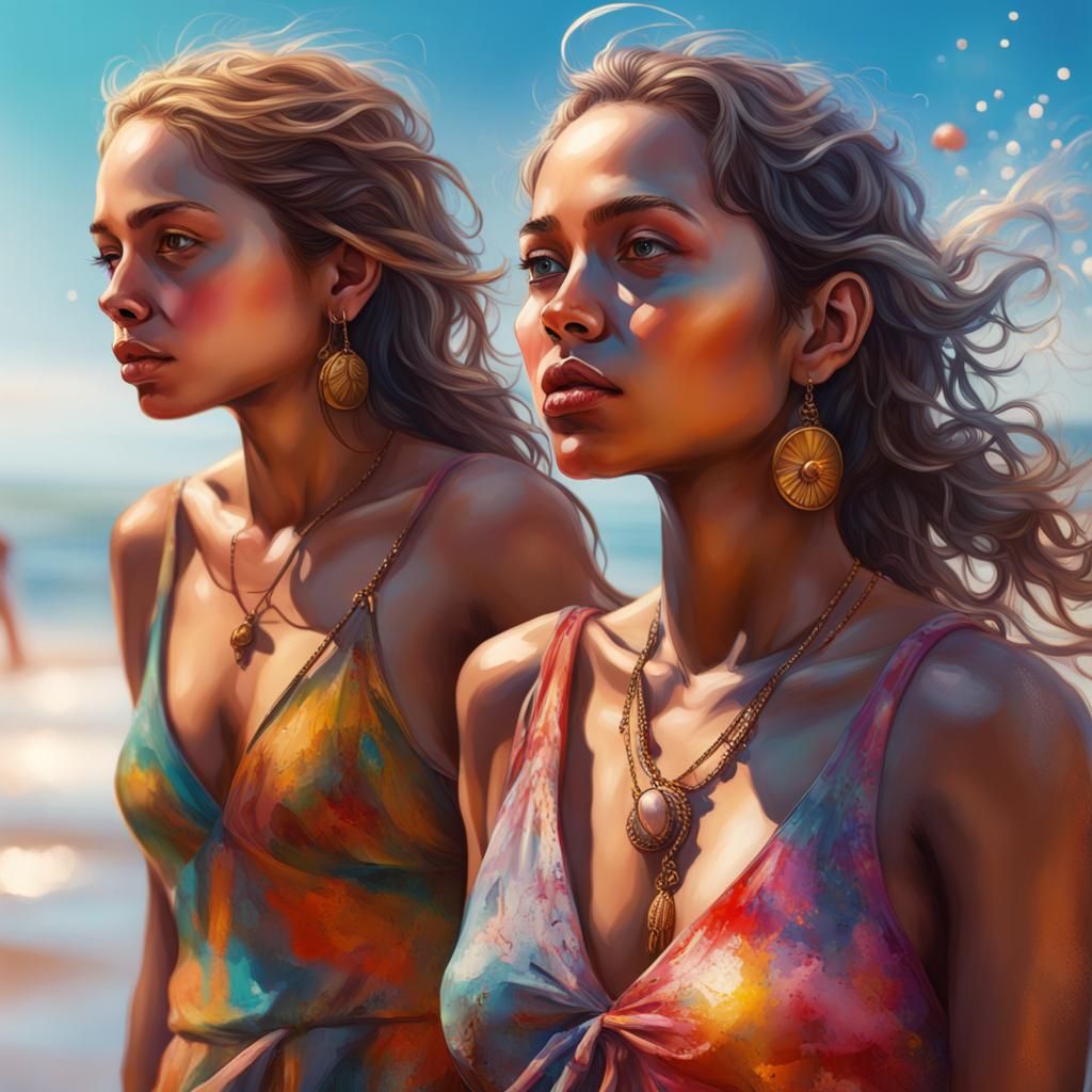 Hyperrealistic Beach Scene with Two Women