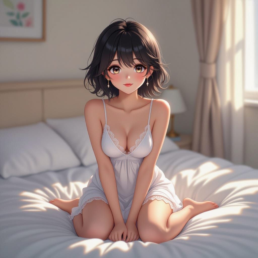 Androgynous Anime Boy in White Slip Dress, Cel-Shaded Style