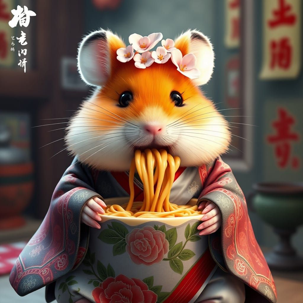 Adorable Hamster in Traditional Japanese Kimono with Cherry...