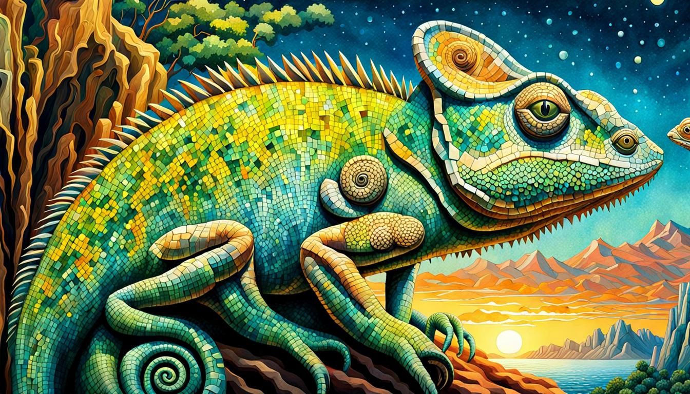 Surreal Chameleon Watercolor Mosaic in Broken Glass Effect