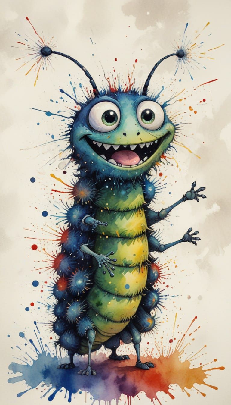 Excited Caterpillar with Fireworks in Ink Splatter Art