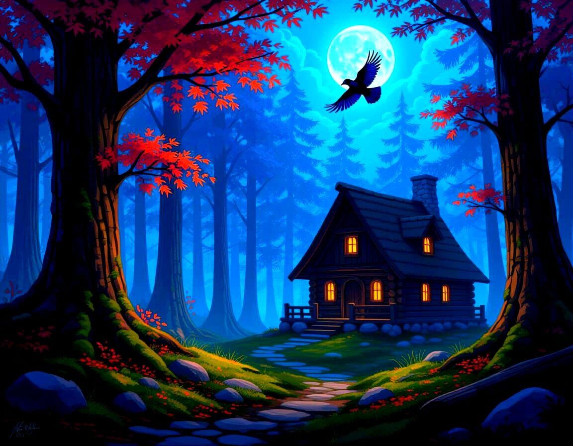 Moonlit Bioluminescent Forest With Mystical Lodge