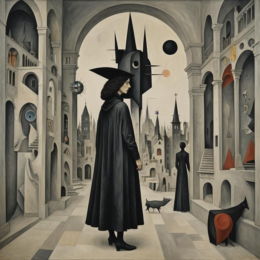 Surreal Black Figure Against Architectural Backdrop