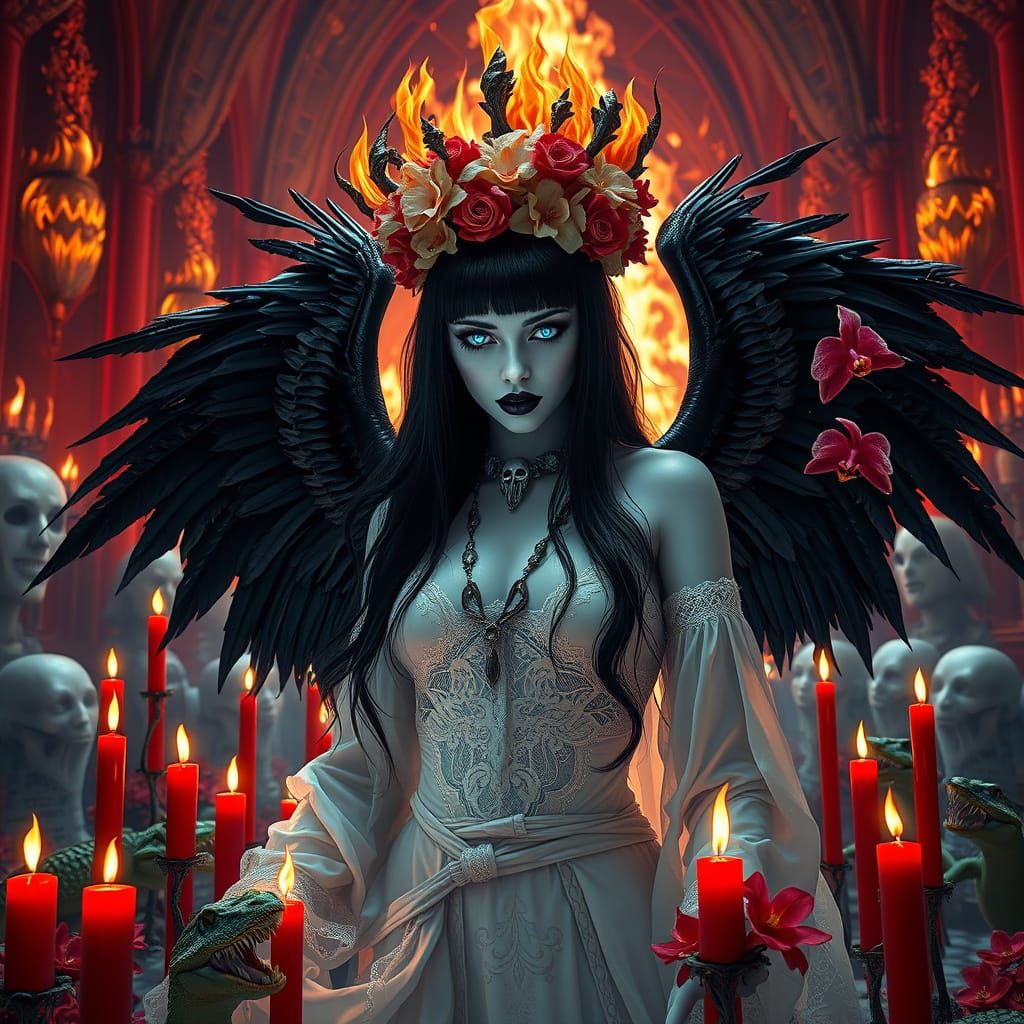 Vampire Goddess with Burning Crown in Surreal Style