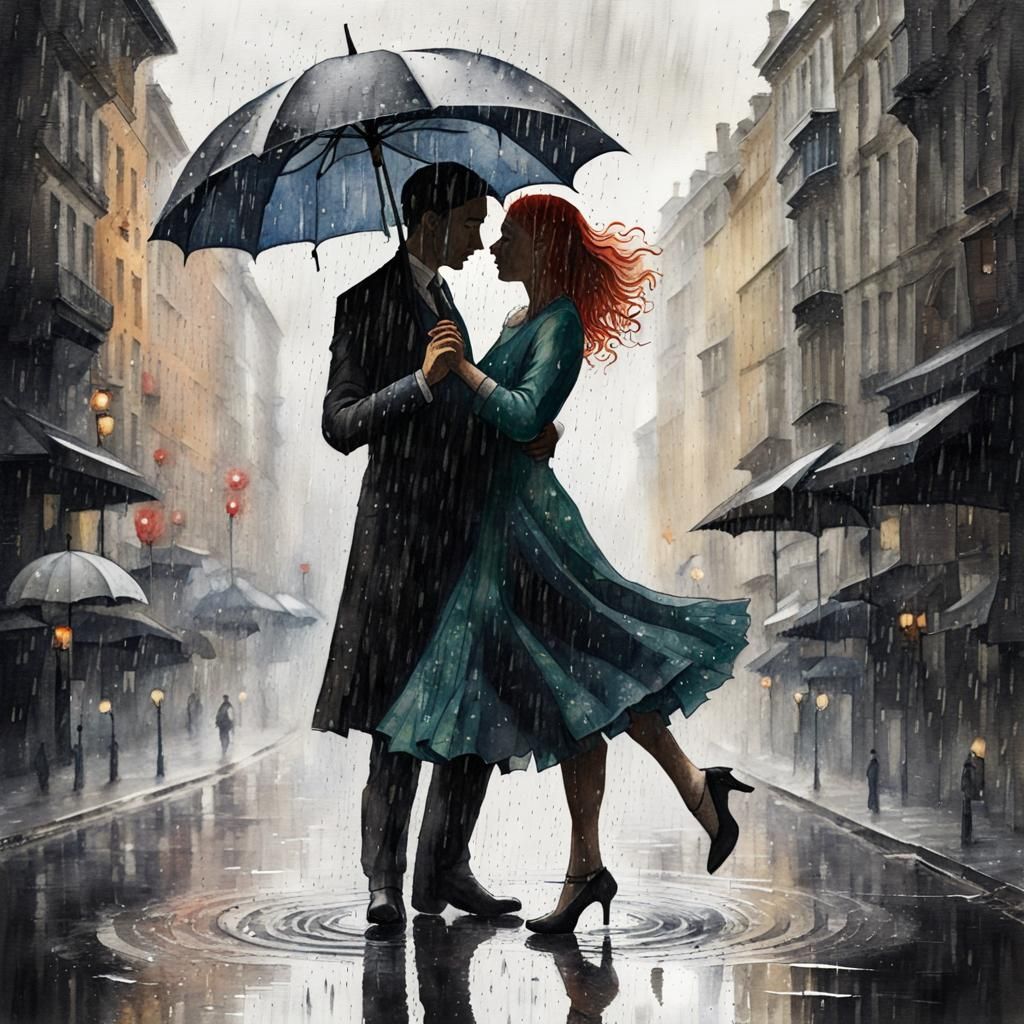 Couple Dancing in Rain: Watercolor Double Exposure