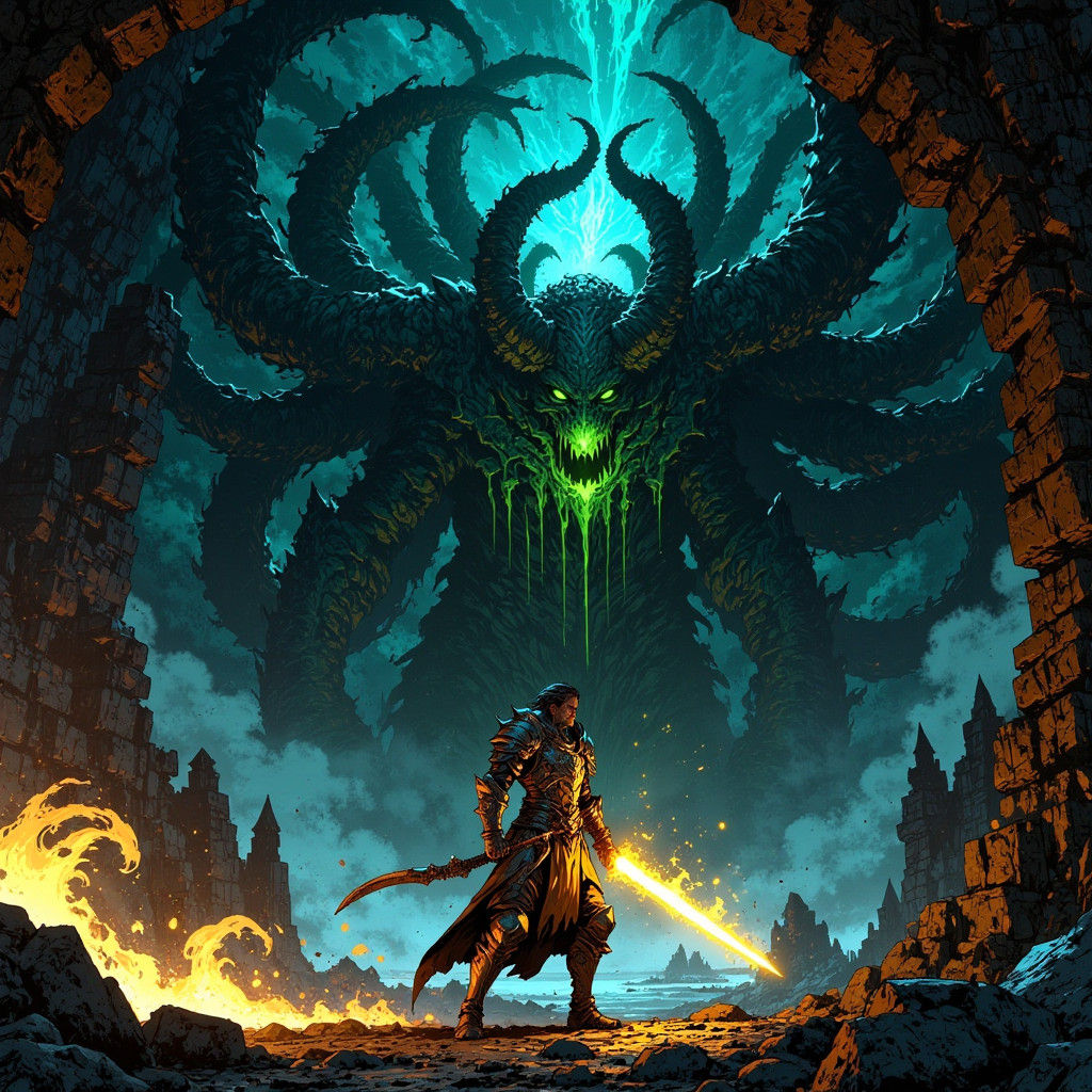 Knight Battles Beholder with Sword and Orb