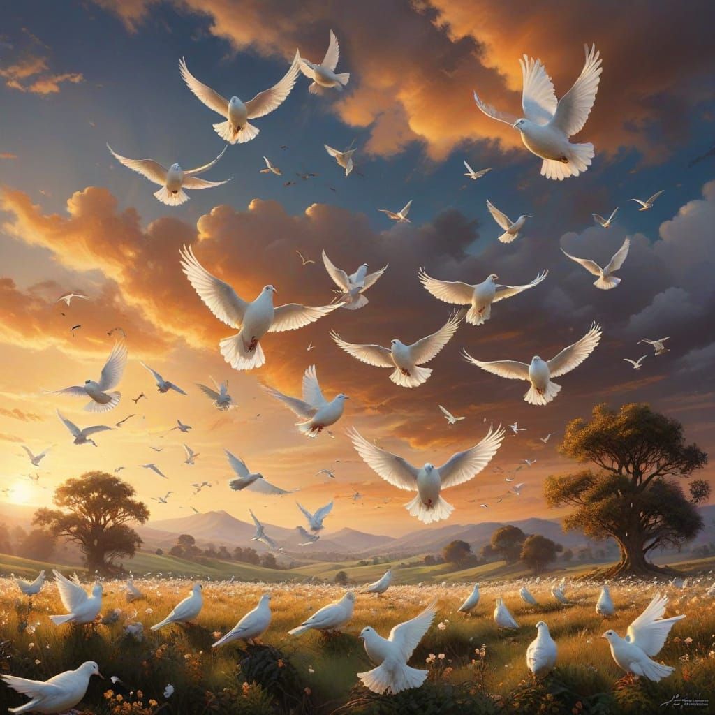 Serenity in Flight: White Doves Soar Over a Golden Landscape