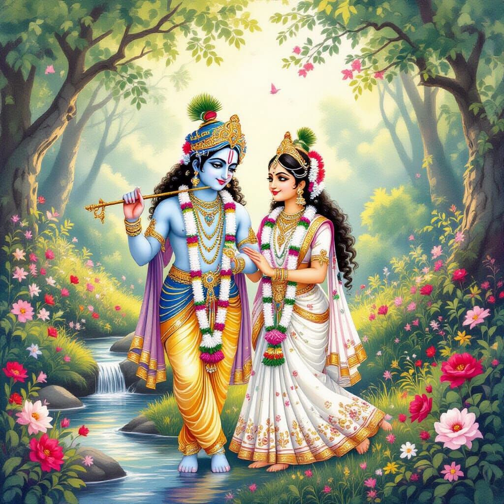 Radha Krishna in Enchanted Forest Watercolor Painting