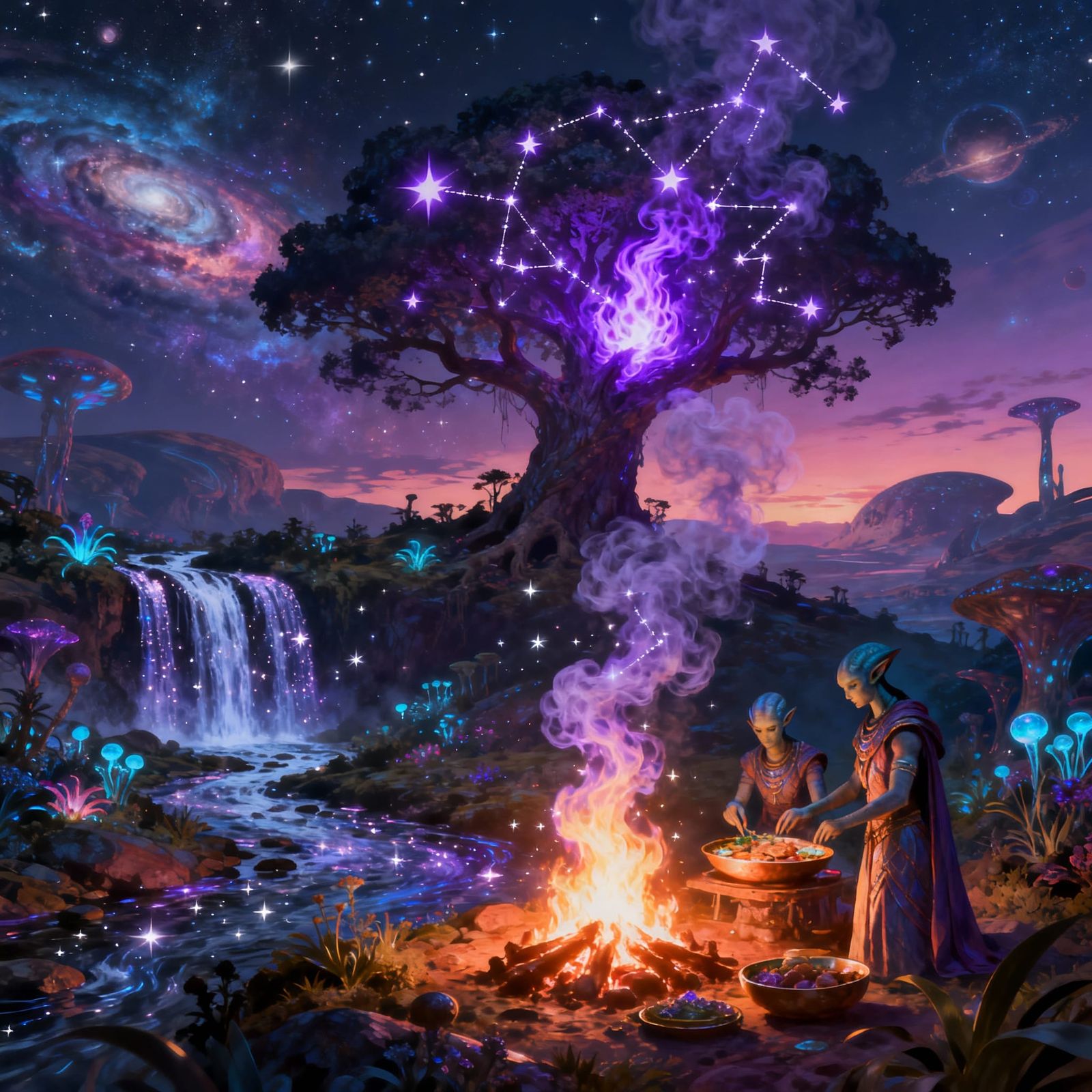 Alien Twilight With Star-Dusted Waterfalls and Cosmic Creek