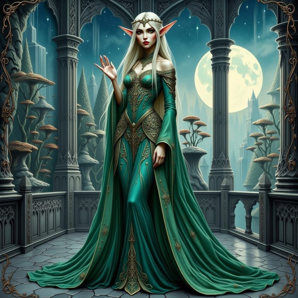 Regal Elven Queen in Emerald and Gold Gown