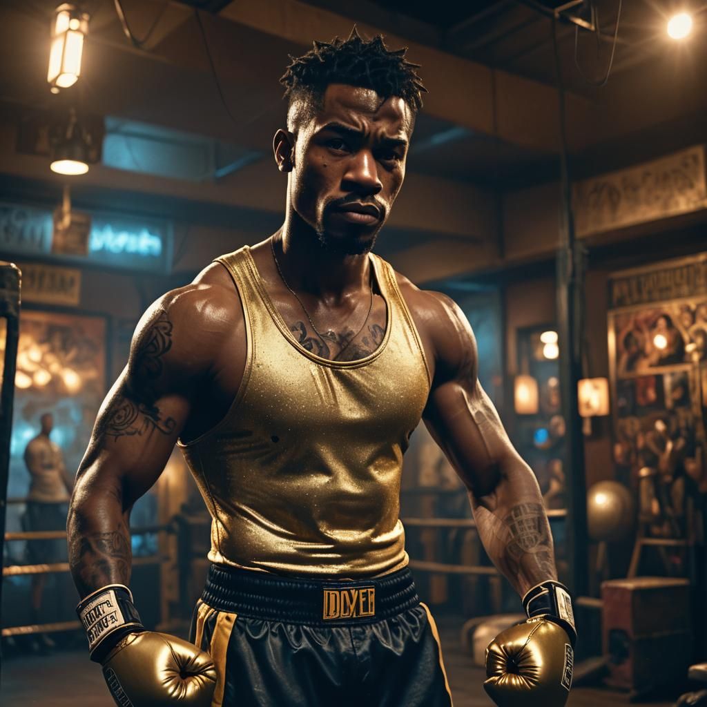 Boxer in Dim Boxing Gym: Matte Painting in Art Nouveau Style