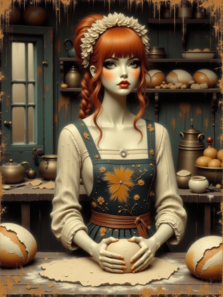 Redhead Baker Kneading Dough in 1950s Kitchen