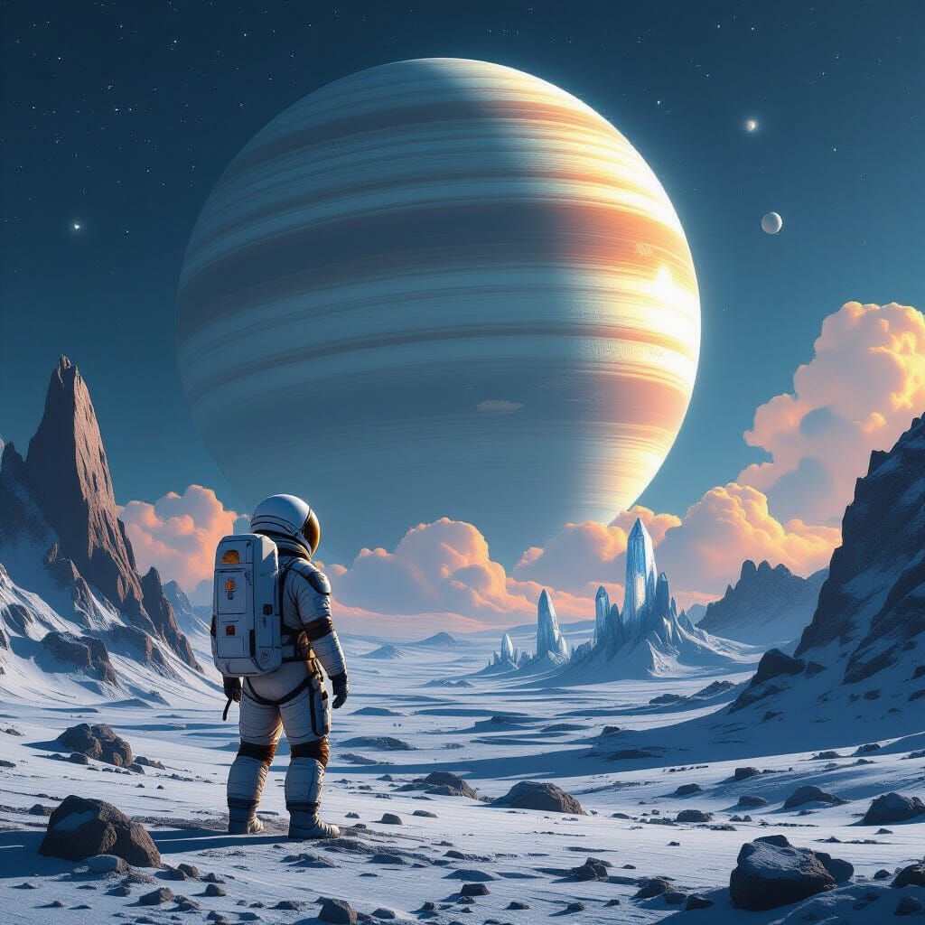 Astronaut on Alien Planet Gazing at Gas Giant