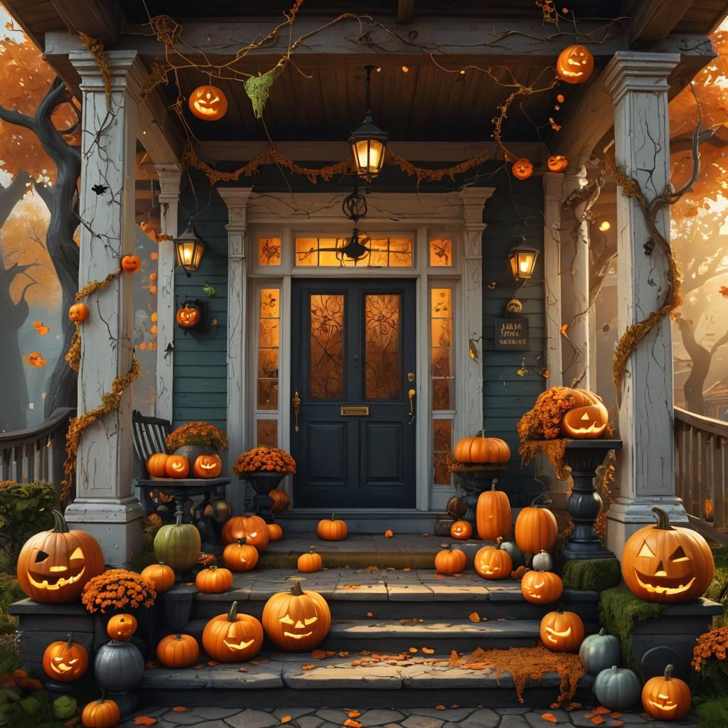 Halloween Front Porch in Whimsical Digital Painting