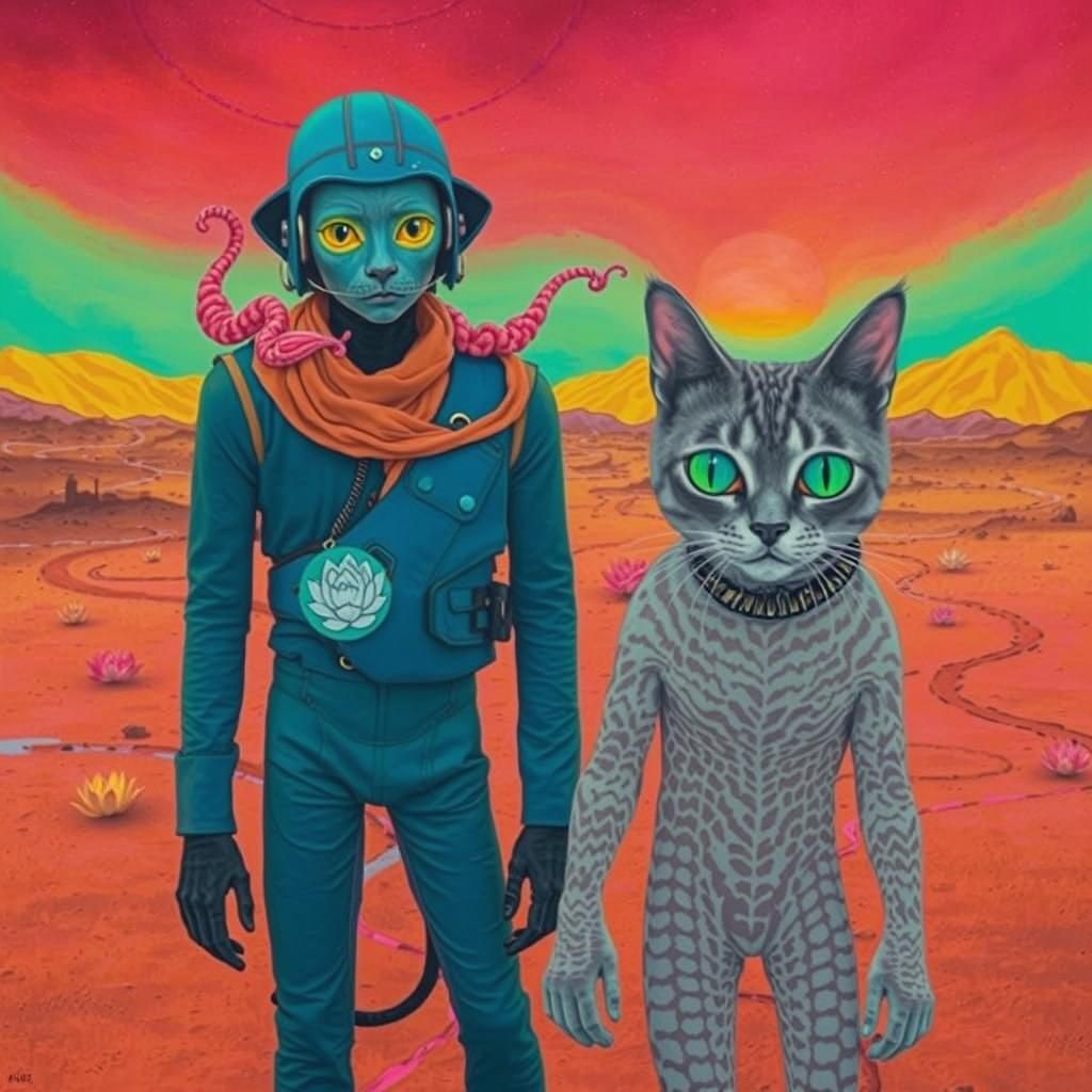 Neon Martian Dreamscape with Cat People