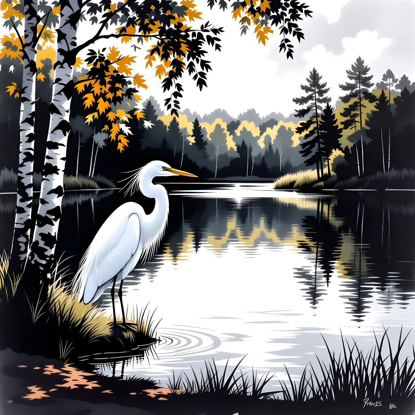 Hyperdetailed Charcoal Drawing of Egret by Lake