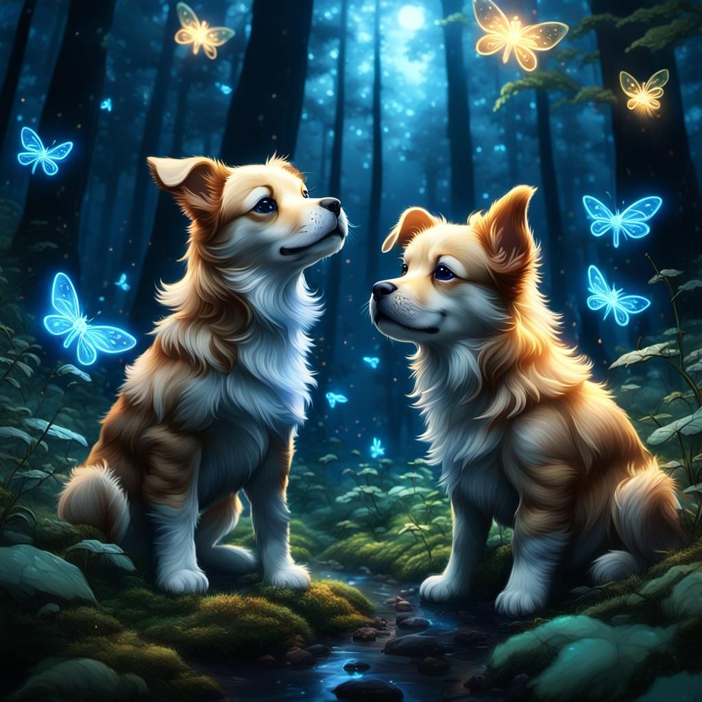 Puppies in Mystical Forest, Anime Concept Art