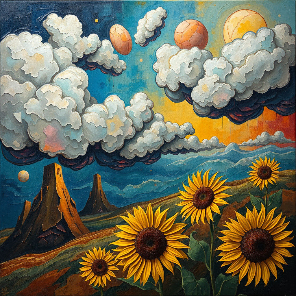 Surreal Clouds over Abstract Landscape, Impasto Painting