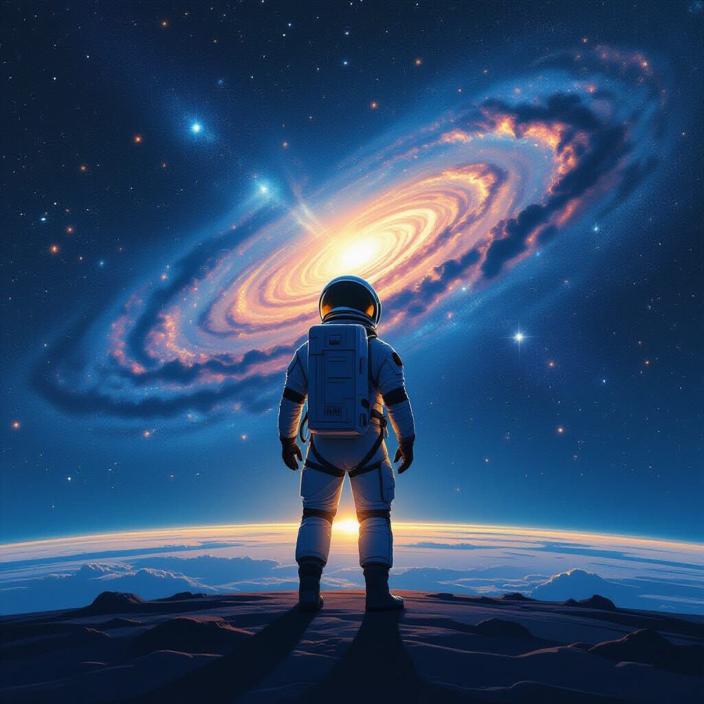 Astronaut on Earth with Starry Galaxy Sky