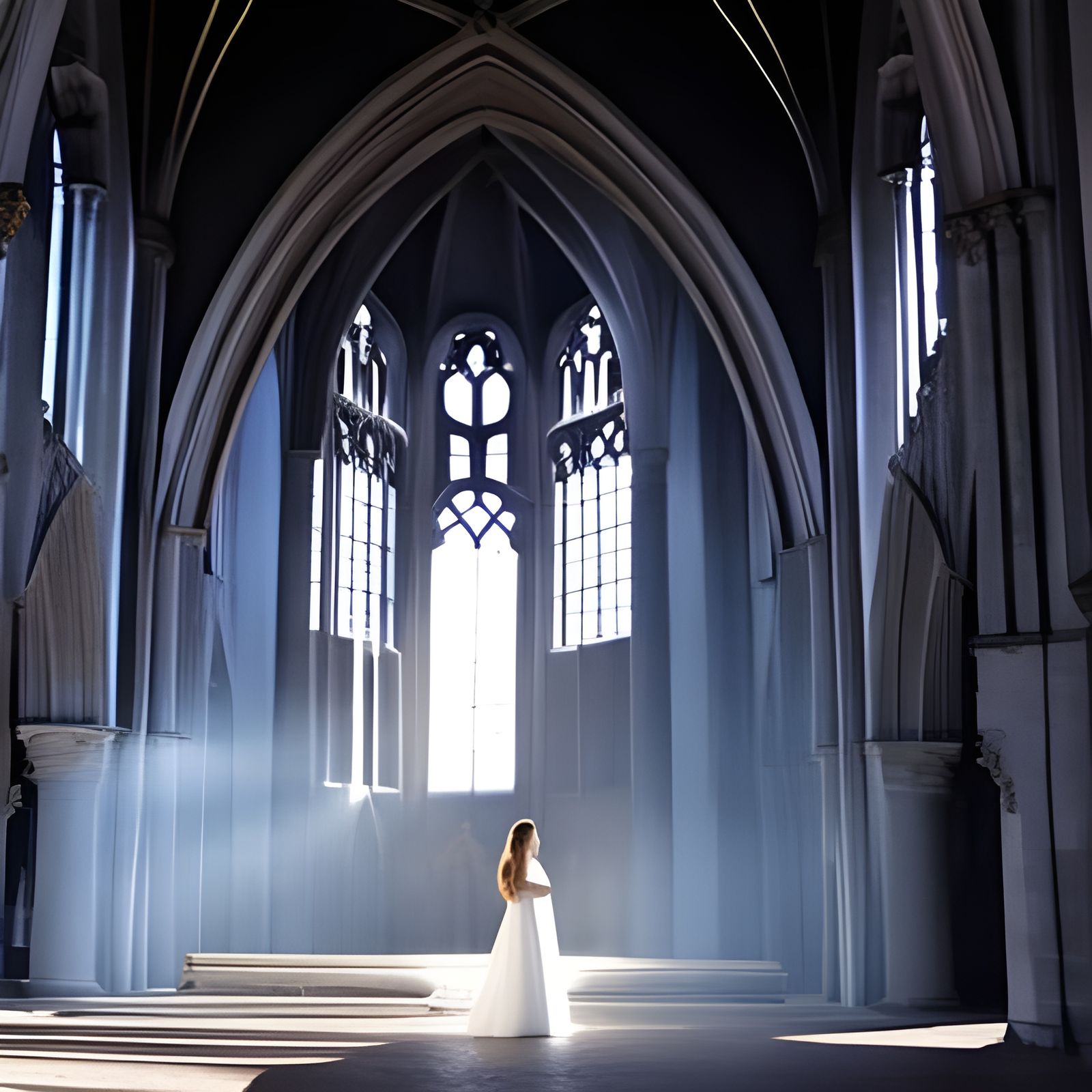 Woman in White Dress in Medieval Church