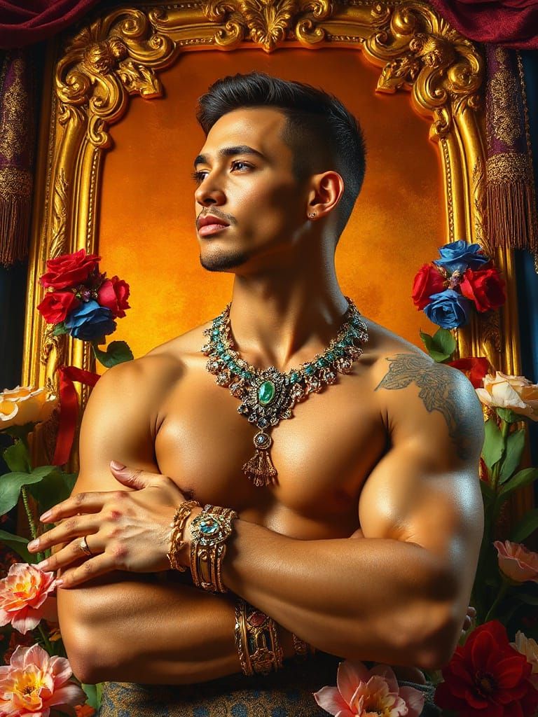 Serene Man in Golden Accessories Amidst Vibrant Flowers
