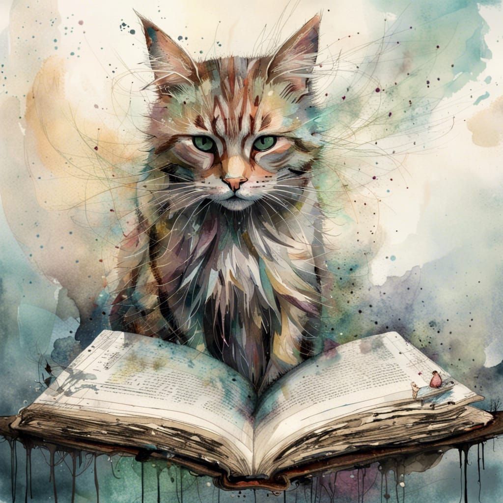 Magical Cat in Open Book: Digital Art