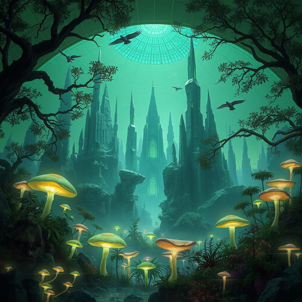 Bioluminescent Jungle in Alien Dome: A Digital Painting