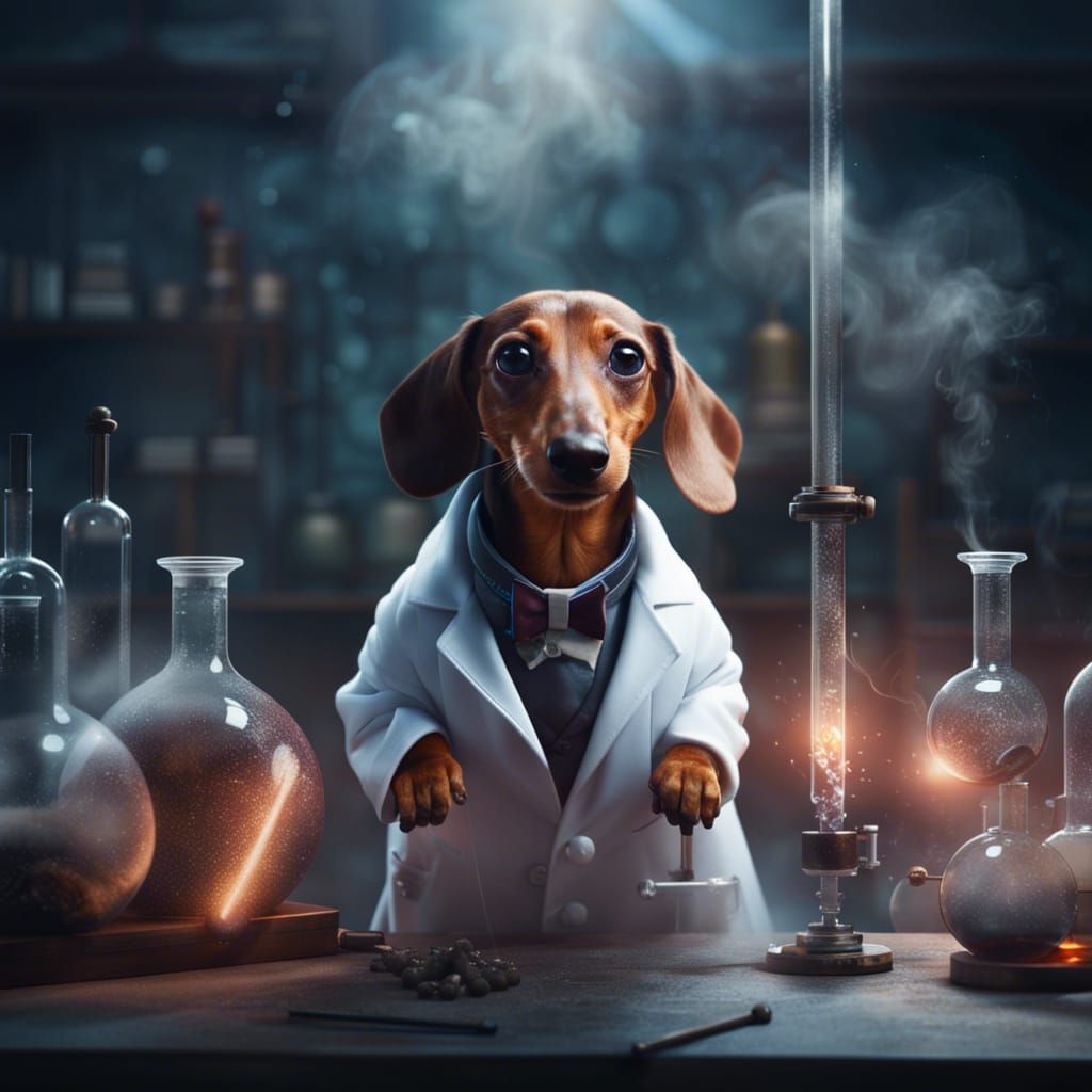 Adorable Dachshund Chemist in Magical Lab