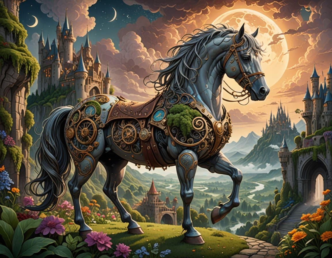 Ethereal Castle Horse in Steampunk Fantasy Landscape