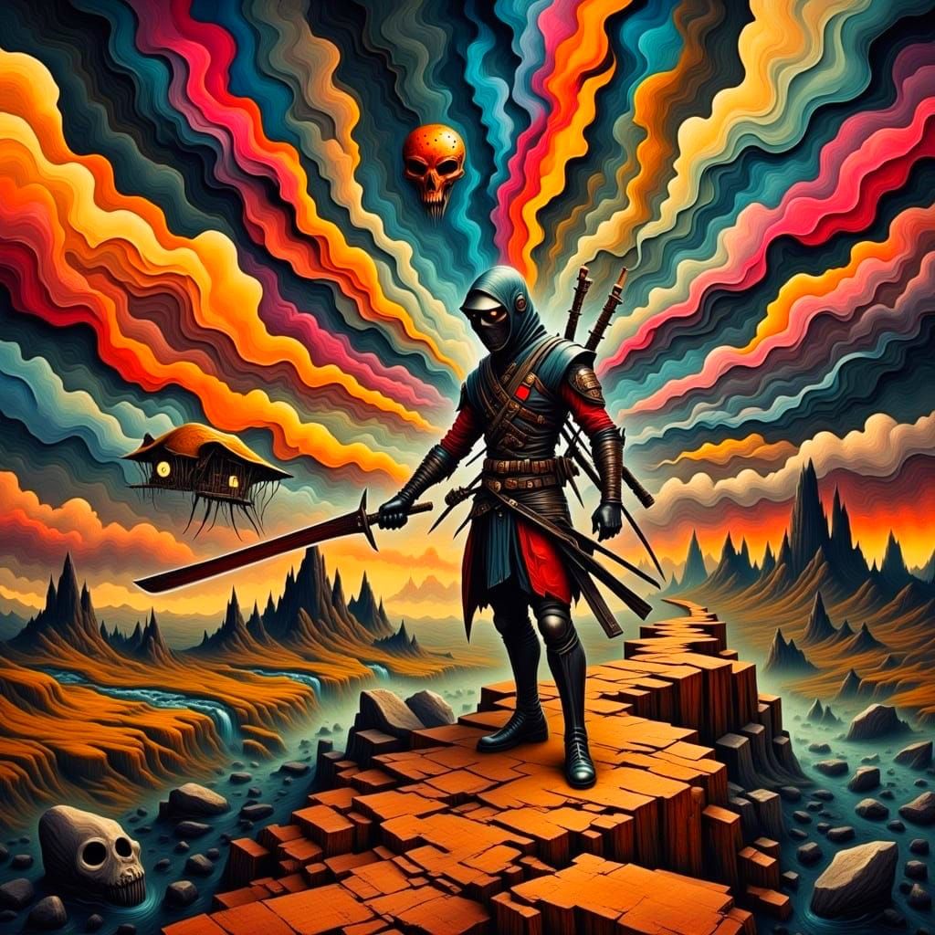 Surrealist Warrior Prepares for Epic Battle in Geometric Dre...